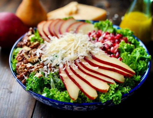 pear and pomegranate salad with candied pecans