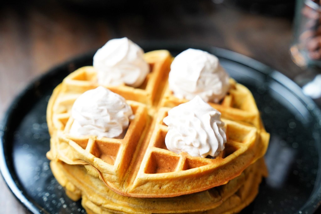 Sweet Potato waffles with Maple Cinnamon Whipped Cream
