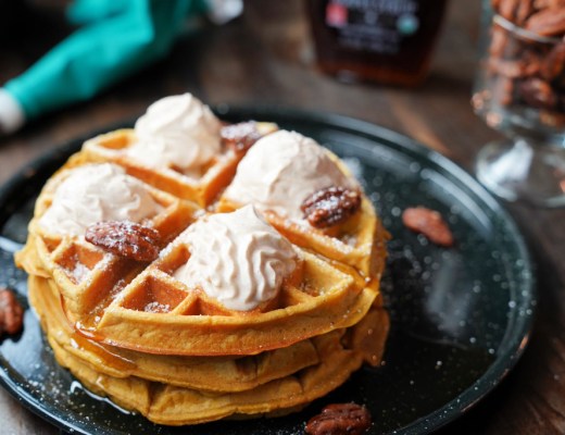 waffles with whipped cream and candied pecans