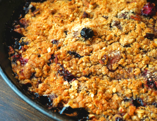 Mixed berry crisp in cast iron pan